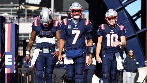 New England Patriots quarterbacks Jacoby Brissett, Drake Maye and Joe Milton III