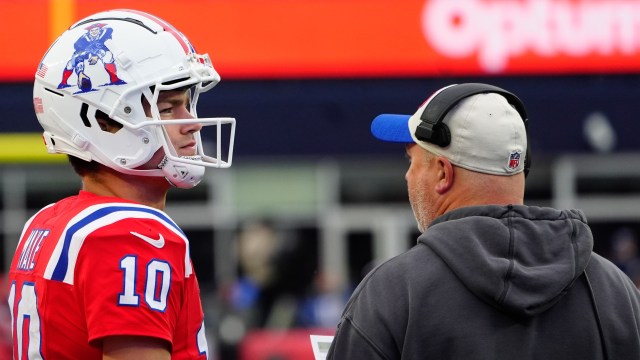 New England Patriots quarterback Drake Maye, offensive coordinator Alex Van Pelt