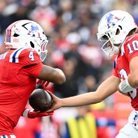 New England Patriots quarterback Drake Maye and running back Antonio Gibson