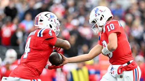 New England Patriots quarterback Drake Maye and running back Antonio Gibson