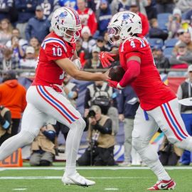 New England Patriots quarterback Drake Maye and running back Antonio Gibson