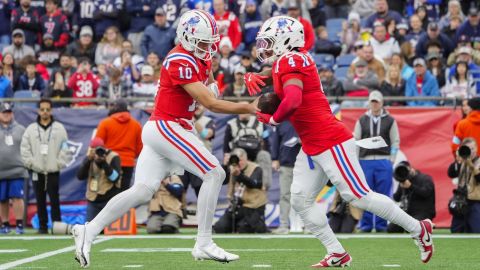 New England Patriots quarterback Drake Maye and running back Antonio Gibson