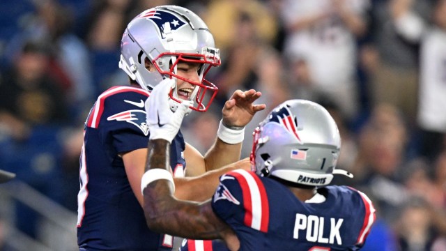 New England Patriots quarterback Drake Maye and wide receiver Ja'Lynn Polk