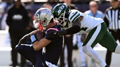 New England Patriots quarterback Drake Maye, New York Jets linebacker Jamien Sherwood