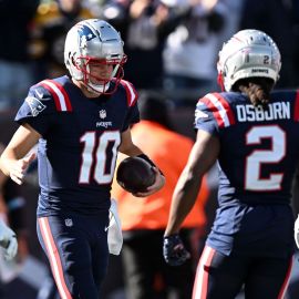 New England Patriots quarterback Drake Maye and wide receiver K.J. Osborn