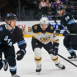 Boston Bruins forwards Elias Lindholm and David Pastrnak and Utah Hockey Club defensemen Vladislav Kolyachonok and Ian Cole