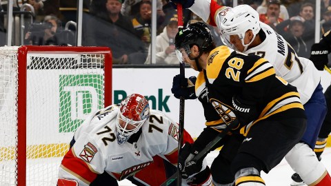 Boston Bruins forward Elias Lindholm and Florida Panthers goaltender Sergei Bobrovsky and defenseman Niko Mikkalo