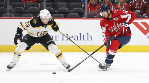 Boston Bruins forward Fabian Lysell and Washington Capitals forward Nic Dowd