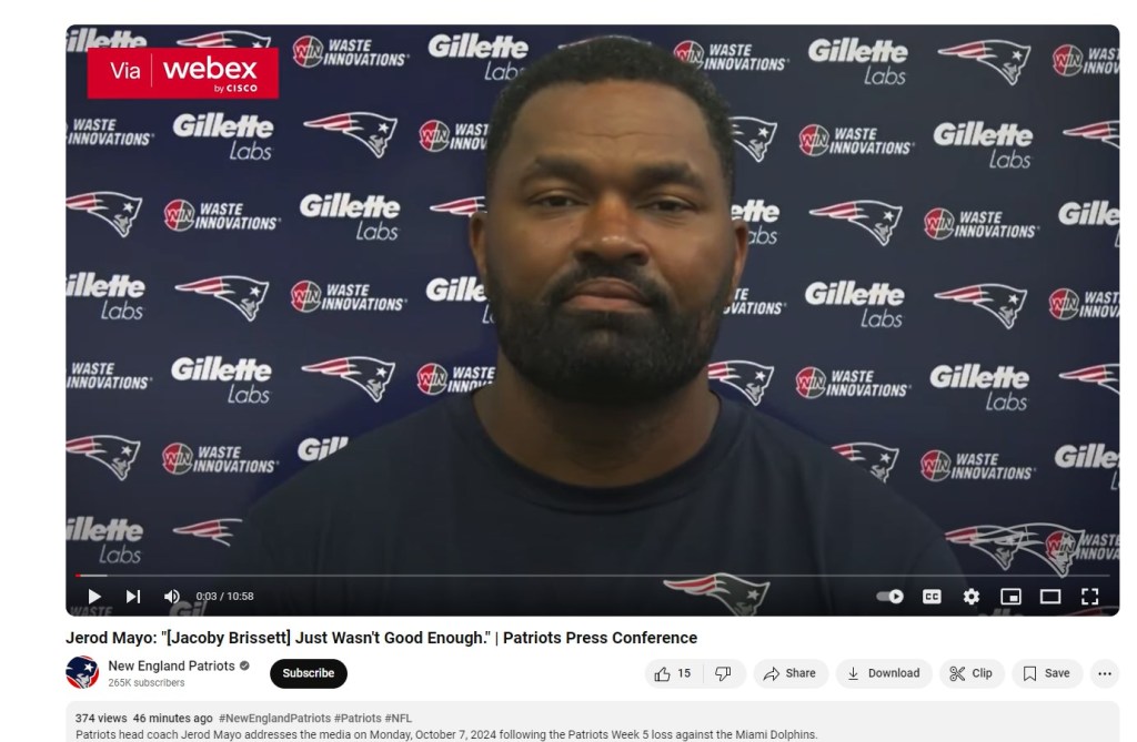 New England Patriots head coach Jerod Mayo speaks on quarterback Jacoby Brissett