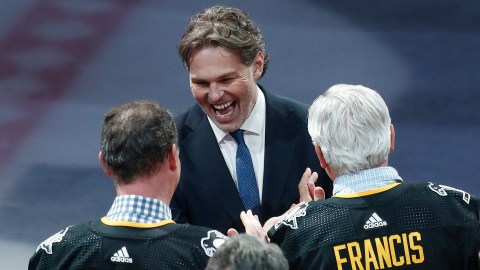 Former Boston Bruins and Pittsburgh Penguins forward Jaromir Jagr and Pittsburgh Penguins legends Mario Lemieux and Ron Francis