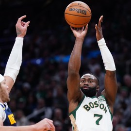 Boston Celtics guard Jaylen Brown and Denver Nuggets forward Aaron Gordon