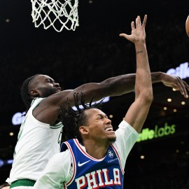 Boston Celtics guard Jaylen Brown and Philadelphia 76ers guard Jeff Dowtin Jr.