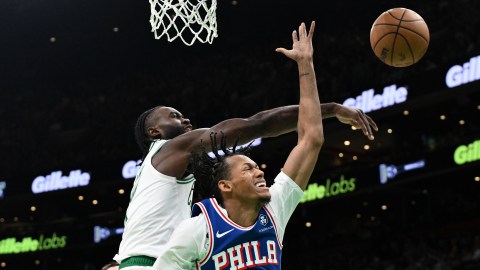 Boston Celtics guard Jaylen Brown and Philadelphia 76ers guard Jeff Dowtin Jr.