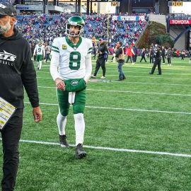 New York Jets interim head coach Jeff Ulbrich and quarterback Aaron Rodgers