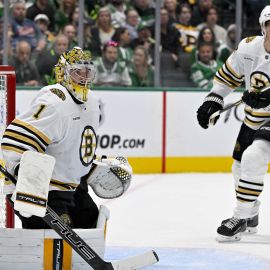 Boston Bruins goalie Jeremy Swayman and defenseman Hampus Lindholm