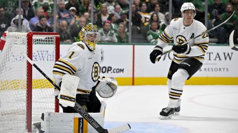 Boston Bruins goalie Jeremy Swayman and defenseman Hampus Lindholm