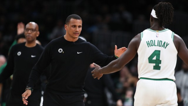 Boston Celtics head coach Joe Mazzulla and guard Jrue Holiday