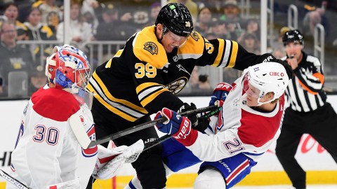 Boston Bruins forward Morgan Geekie and Montreal Canadiens defenseman Kaiden Guhle and goaltender Cayden Primeau