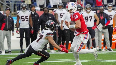 Houston Texans cornerback Myles Bryant and New England Patriots quarterback Drake Maye