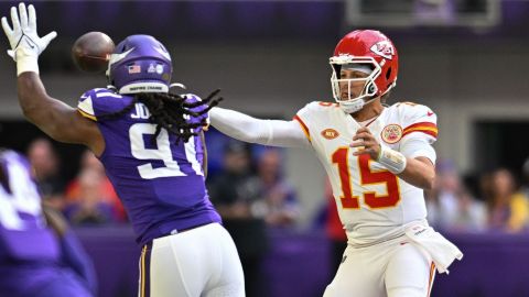 Minnesota Vikings linebacker Patrick Jones II and Kansas City Chiefs quarterback Patrick Mahomes