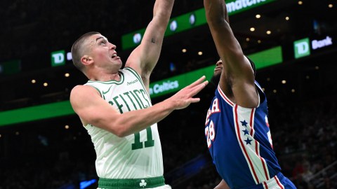 Boston Celtics guard Payton Pritchard and Philadelphia 76ers forward Guerschon Yabusele