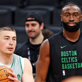 Boston Celtics teammates Payton Pritchard and Jaylen Brown