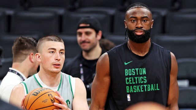 Boston Celtics teammates Payton Pritchard and Jaylen Brown