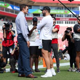 Former NFL quarterback Tom Brady and Tampa Bay Buccaneers quarterback Baker Mayfield