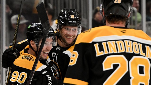 Boston Bruins forwards Tyler Johnson, Pavel Zacha and Elias Lindholm