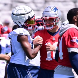 New England Patriots wide receiver Tyquan Thornton and quarterback Drake Maye