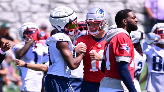 New England Patriots wide receiver Tyquan Thornton and quarterback Drake Maye