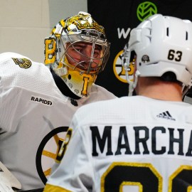 Boston Bruins forward Brad Marchand, goalie Jeremy Swayman