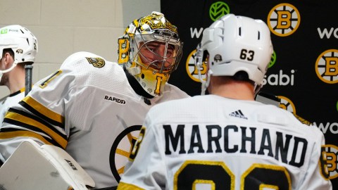 Boston Bruins forward Brad Marchand, goalie Jeremy Swayman