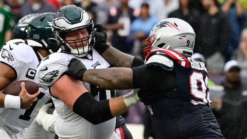 New England Patriots defensive tackle Davon Godchaux, Philadelphia Eagles center Cam Jurgens