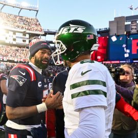 New England Patriots quarterback Jacoby Brissett and New York Jets quarterback Aaron Rodgers