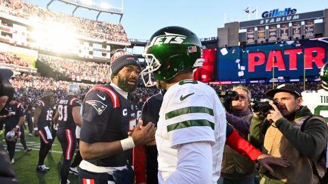 New England Patriots quarterback Jacoby Brissett and New York Jets quarterback Aaron Rodgers