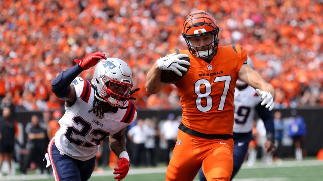 New England Patriots safety Kyle Dugger, Cincinnati Bengals tight end Tanner Hudson