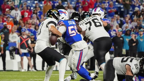 Jacksonville Jaguars quarterback Mac Jones, Buffalo Bills defensive end Javon Solomon