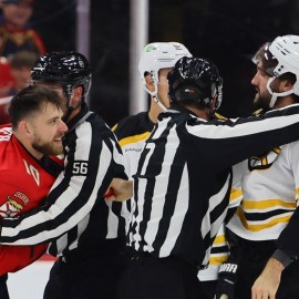 Boston Bruins forward Mark Kastelic, Florida Panthers forward A.J. Greer