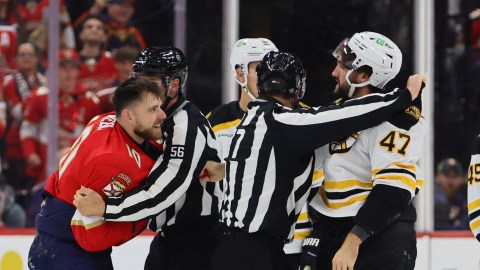 Boston Bruins forward Mark Kastelic, Florida Panthers forward A.J. Greer