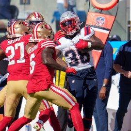 New England Patriots running back Rhamondre Stevenson, San Francisco 49ers safety Ji'Ayir Brown