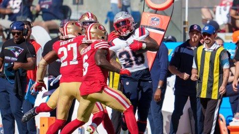 New England Patriots running back Rhamondre Stevenson, San Francisco 49ers safety Ji