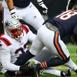 New England Patriots linebacker Anfernee Jennings and Chicago Bears quarterback Caleb Williams