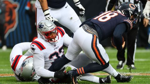 New England Patriots linebacker Anfernee Jennings and Chicago Bears quarterback Caleb Williams