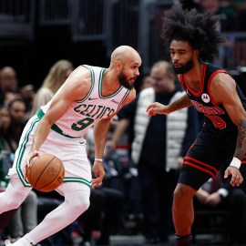 Boston Celtics guard Derrick White and Chicago Bulls guard Coby White