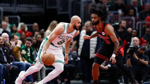 Boston Celtics guard Derrick White and Chicago Bulls guard Coby White