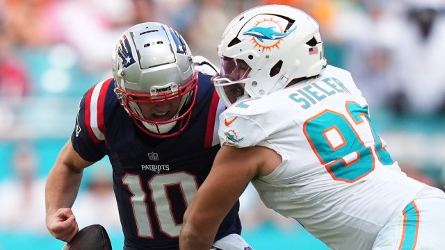 New England Patriots quarterback Drake Maye, Miami Dolphins defensive tackle Zach Sieler