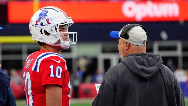 New England Patriots quarterback Drake Maye, offensive coordinator Alex Van Pelt