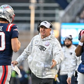 New England Patriots quarterbacks Drake Maye and Jacoby Brissett, and offensive coordinator Alex Van Pelt