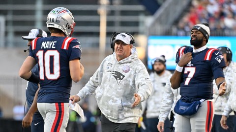 New England Patriots quarterbacks Drake Maye and Jacoby Brissett, and offensive coordinator Alex Van Pelt